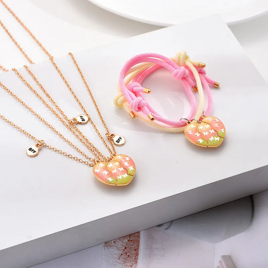 Lot de 3 Colliers ou Bracelets BFF - Coeur Papillons Aimanté - Best Friends Forever - A Partager - Amitié
