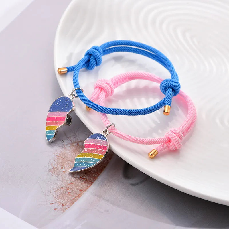 Lot de 2 Colliers, Bracelets ou Porte Clés BFF Aimanté - Coeur Arc en Ciel Paillettes - BFF - Best Friends Forever - Amitié