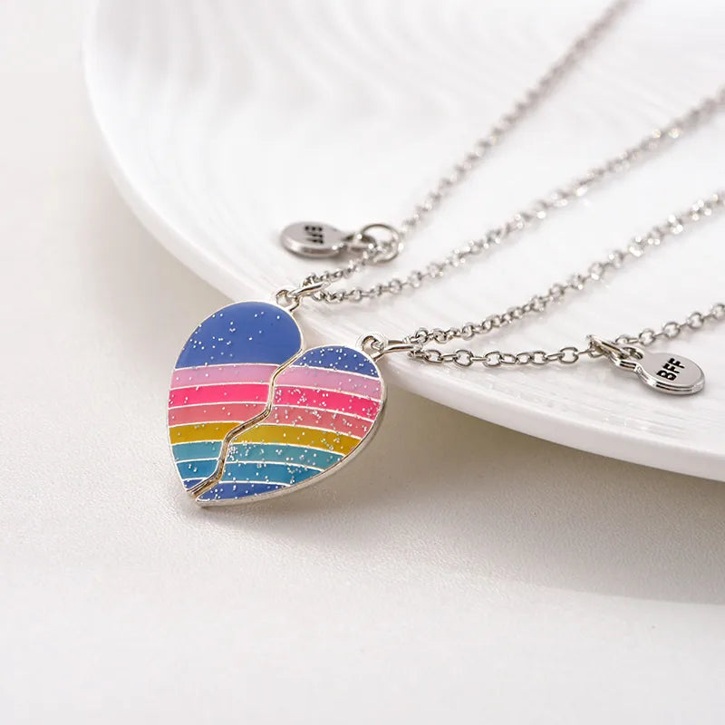 Lot de 2 Colliers, Bracelets ou Porte Clés BFF Aimanté - Coeur Arc en Ciel Paillettes - BFF - Best Friends Forever - Amitié
