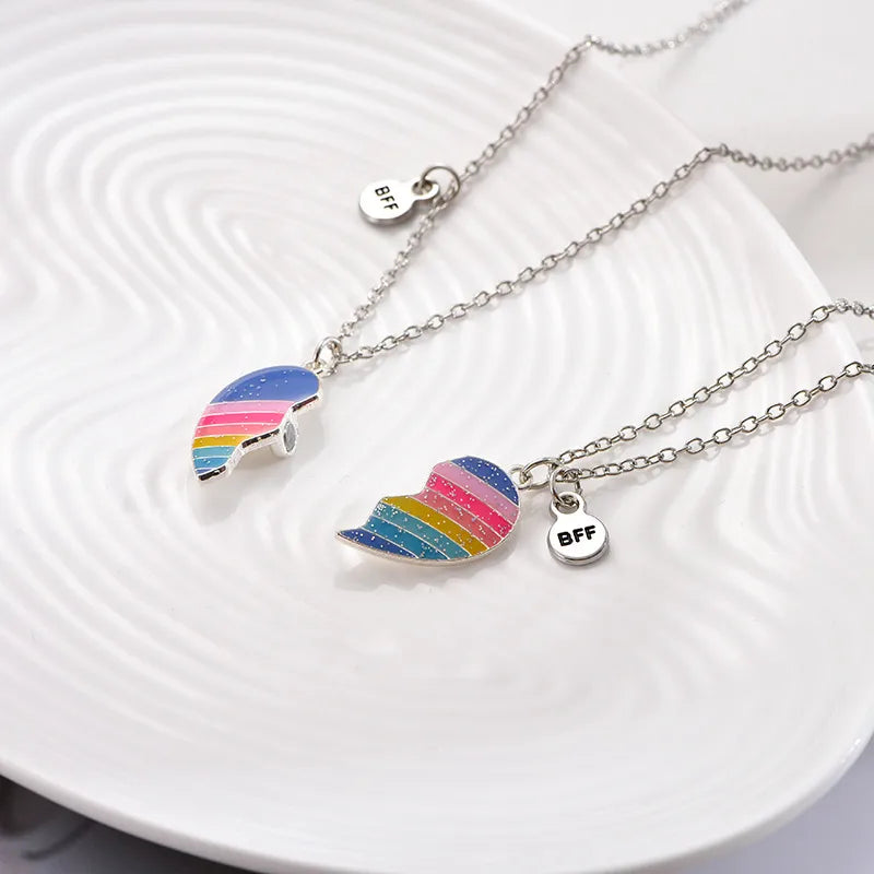 Lot de 2 Colliers, Bracelets ou Porte Clés BFF Aimanté - Coeur Arc en Ciel Paillettes - BFF - Best Friends Forever - Amitié