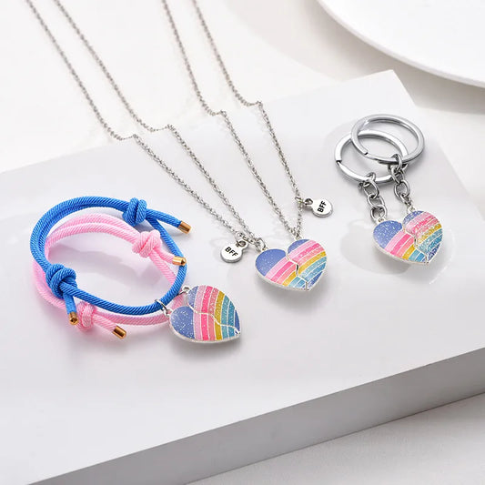 Lot de 2 Colliers, Bracelets ou Porte Clés BFF Aimanté - Coeur Arc en Ciel Paillettes - BFF - Best Friends Forever - Amitié