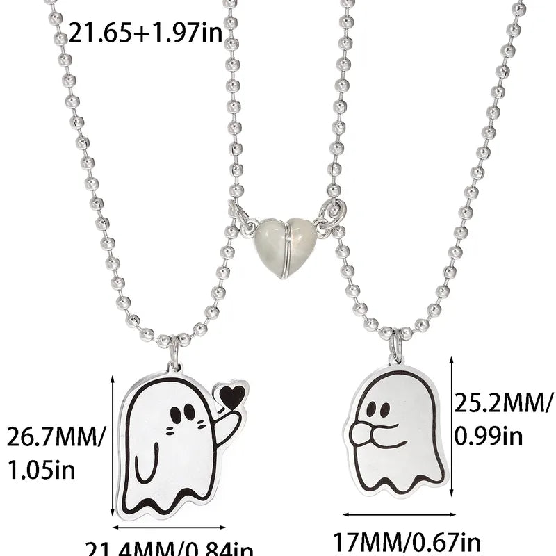 Lot de 2 Colliers D'amitié - Fantôme - Dessin Animé - BFF - Best Friends Forever - Amoureux Couple - Argenté Acier Inoxydable - Halloween