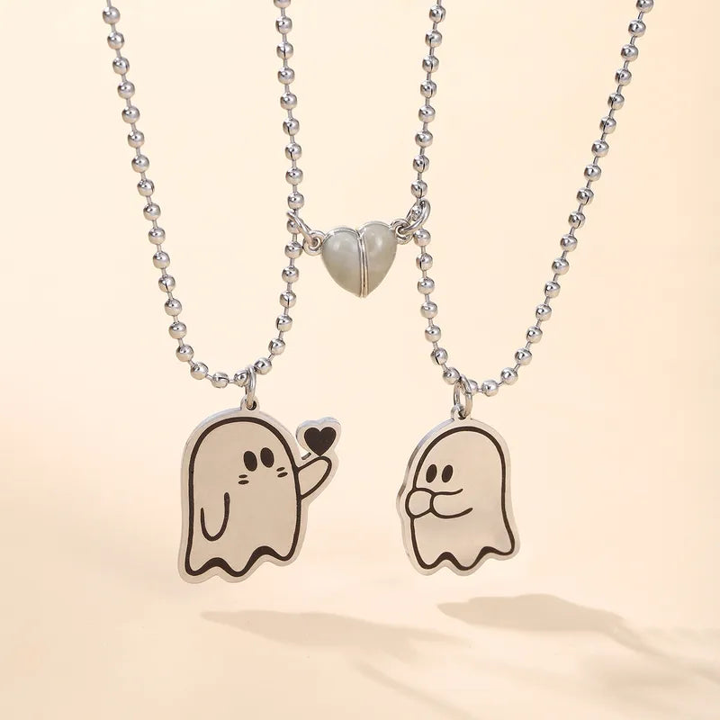 Lot de 2 Colliers D'amitié - Fantôme - Dessin Animé - BFF - Best Friends Forever - Amoureux Couple - Argenté Acier Inoxydable - Halloween