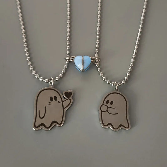 Lot de 2 Colliers D'amitié - Fantôme - Dessin Animé - BFF - Best Friends Forever - Amoureux Couple - Argenté Acier Inoxydable - Halloween