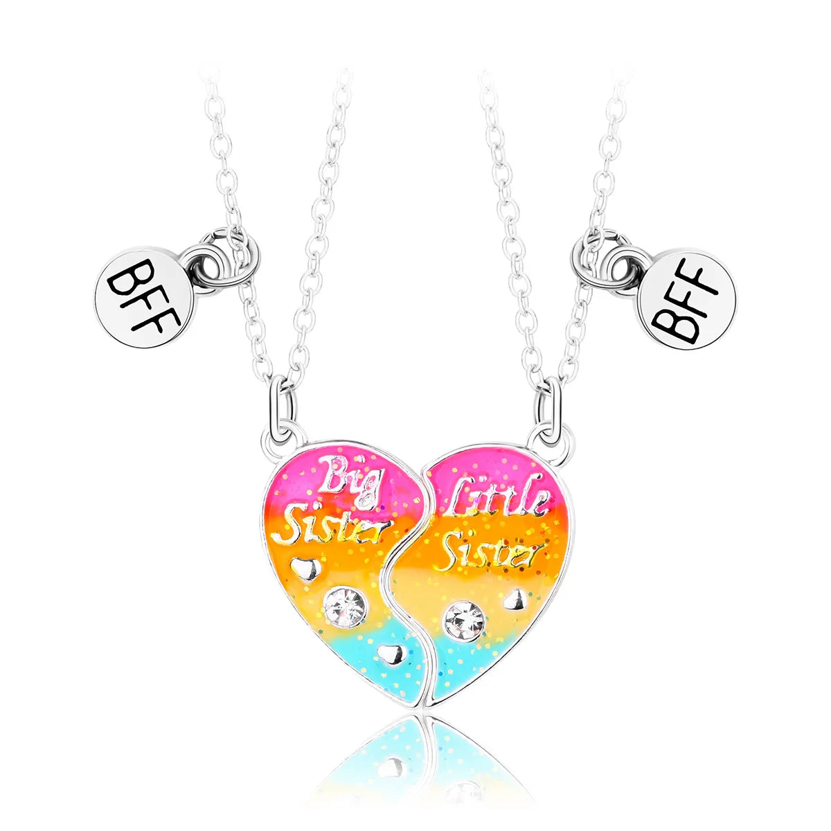 Lot de 2 Colliers ou Bracelets Coeur - Soeurs - Famille Petite Soeur Grande Soeur - Couleur Arc en Ciel - Pendentif Coeur Aimanté