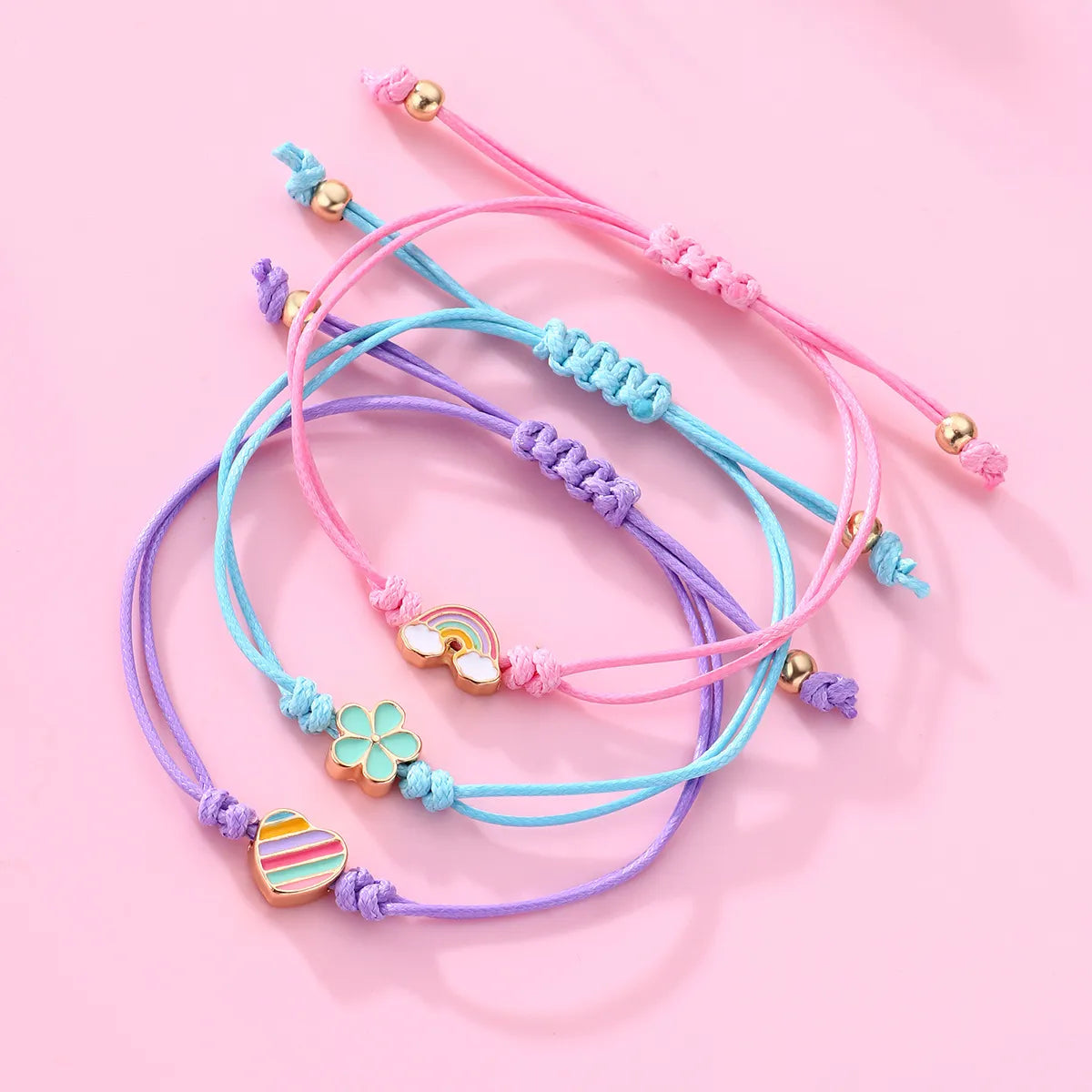 CHILD - Set of 3 Adjustable Cord Bracelets - Pastel Colors Rainbow Heart Flower - Sweet Cute Pendant