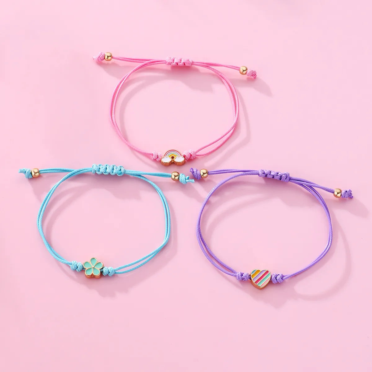CHILD - Set of 3 Adjustable Cord Bracelets - Pastel Colors Rainbow Heart Flower - Sweet Cute Pendant