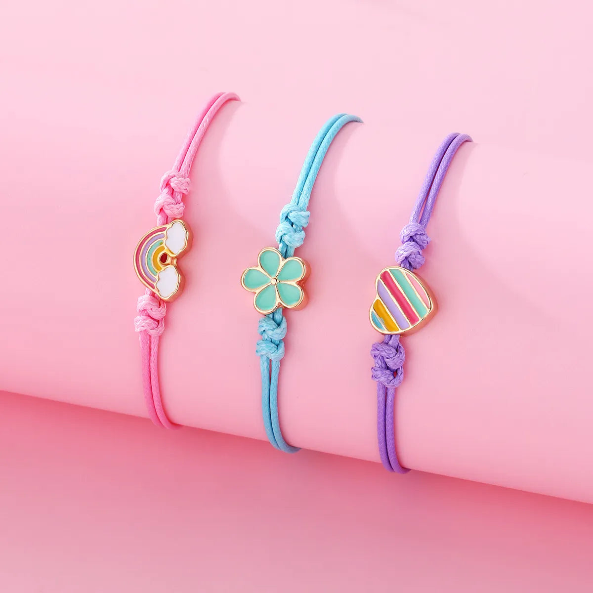 CHILD - Set of 3 Adjustable Cord Bracelets - Pastel Colors Rainbow Heart Flower - Sweet Cute Pendant
