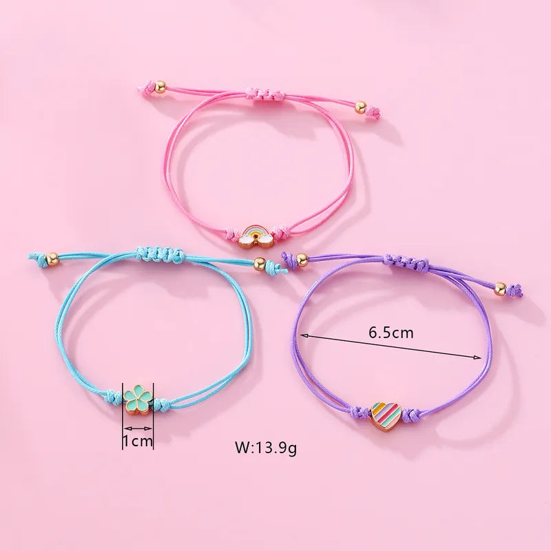 CHILD - Set of 3 Adjustable Cord Bracelets - Pastel Colors Rainbow Heart Flower - Sweet Cute Pendant