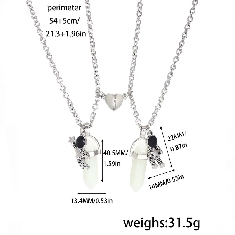 Set of 2 Friendship Necklaces Chains - Hip Hop Astronaut - BFF Best Friends Forever - Fantasy - Heart Magnetic Pendant - Lovers Couple