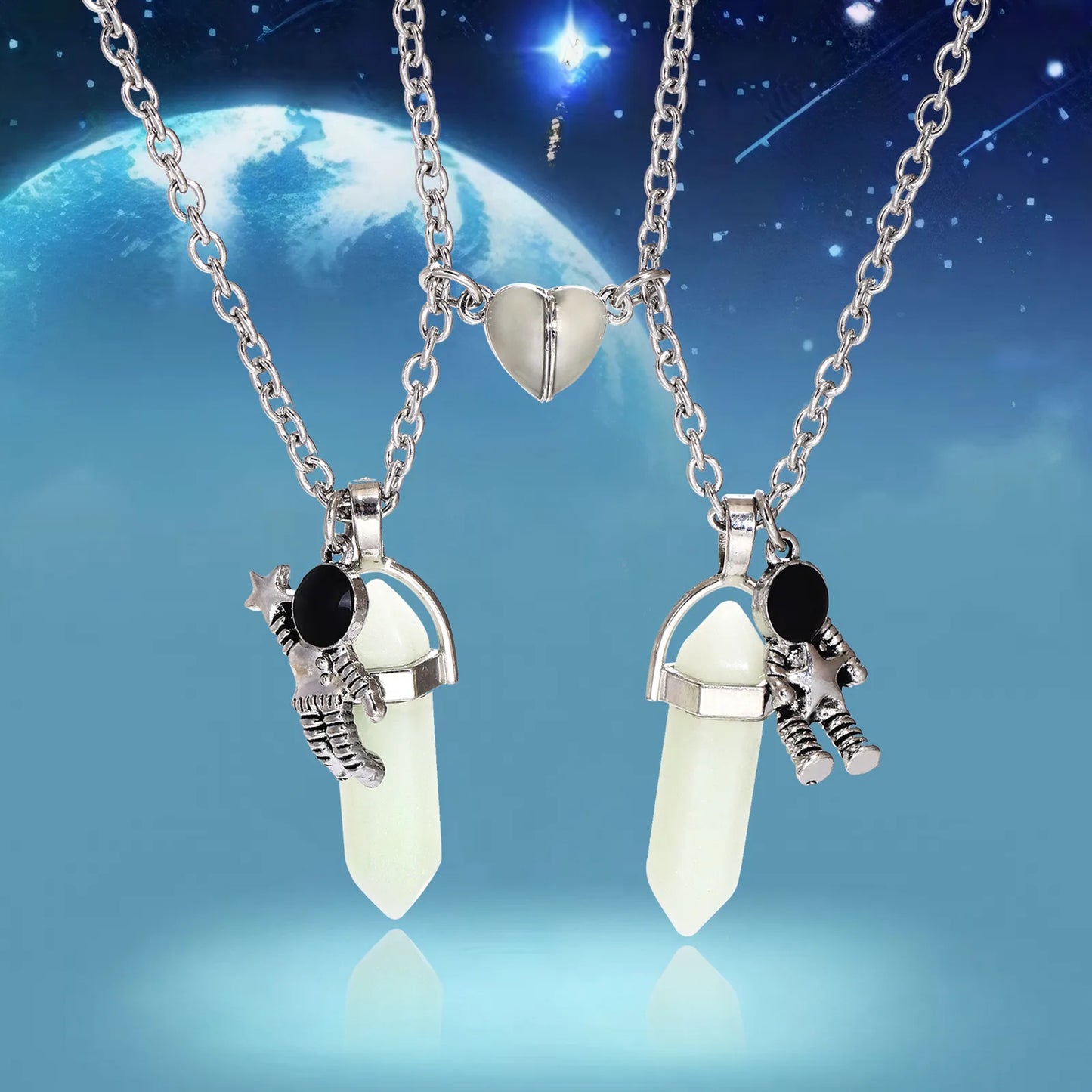 Set of 2 Friendship Necklaces Chains - Hip Hop Astronaut - BFF Best Friends Forever - Fantasy - Heart Magnetic Pendant - Lovers Couple