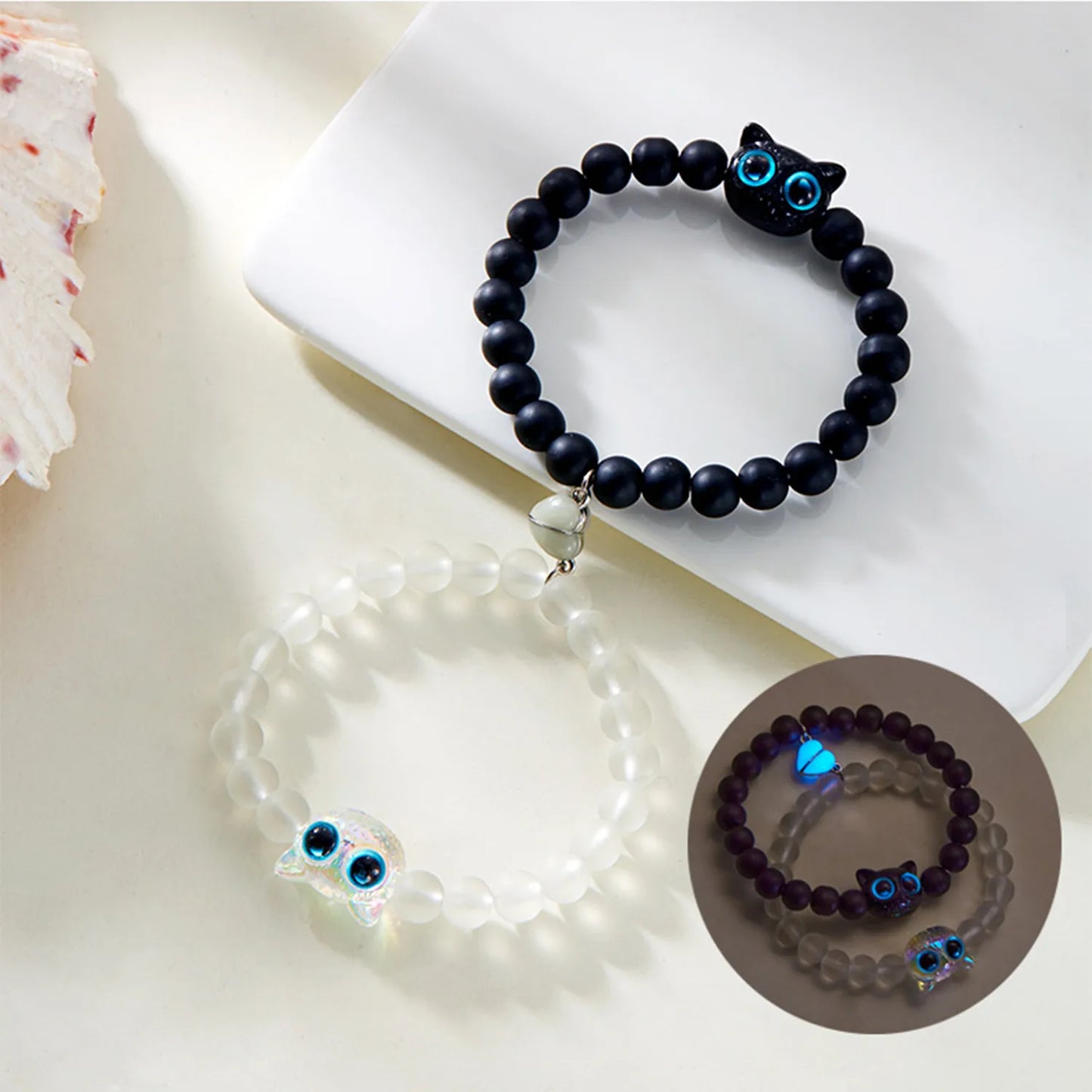Lot de 2 Bracelets D'amitié Perles - Chat Gros Yeux Phosphoresent - Coeur Aimanté - BFF - Best Friends Forever - Amitié - Couple