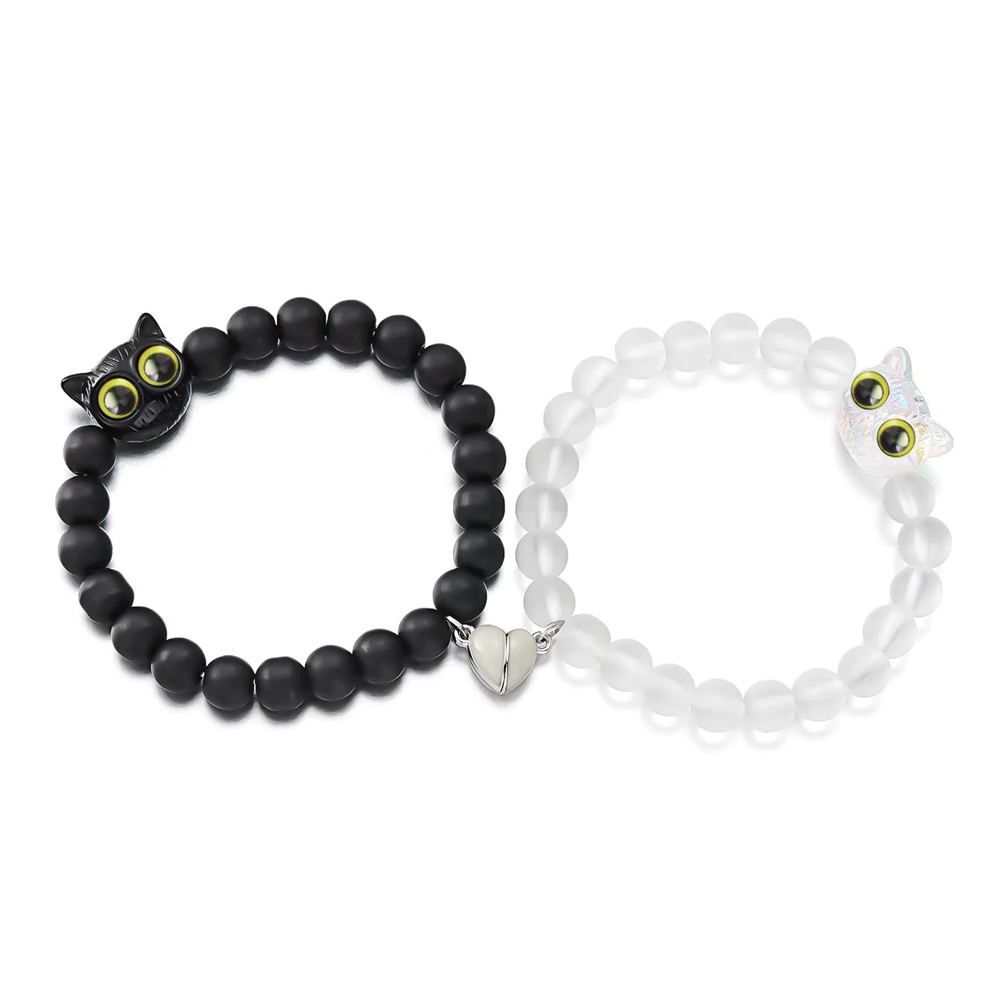 Lot de 2 Bracelets D'amitié Perles - Chat Gros Yeux Phosphoresent - Coeur Aimanté - BFF - Best Friends Forever - Amitié - Couple