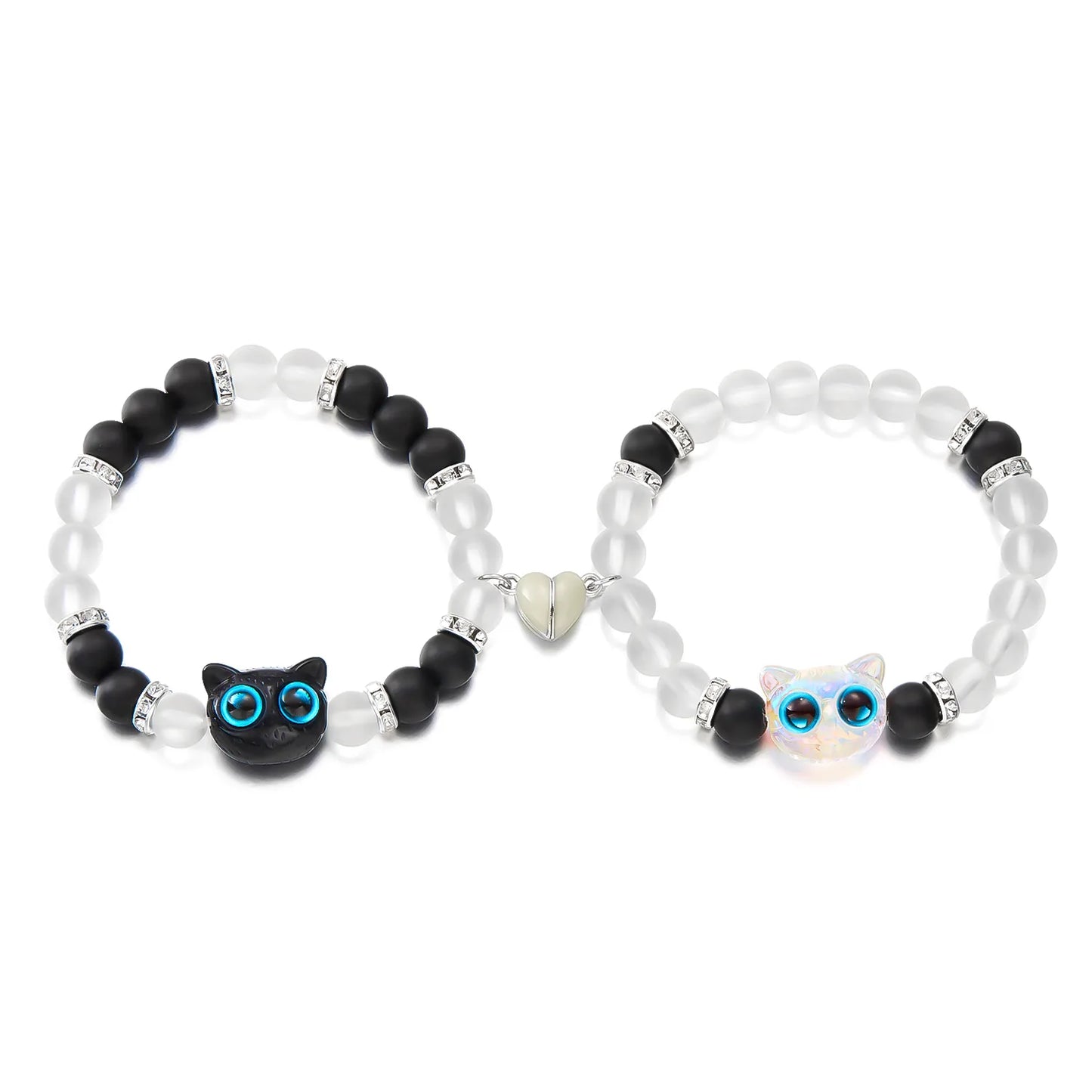 Lot de 2 Bracelets D'amitié Perles - Chat Gros Yeux Phosphoresent - Coeur Aimanté - BFF - Best Friends Forever - Amitié - Couple