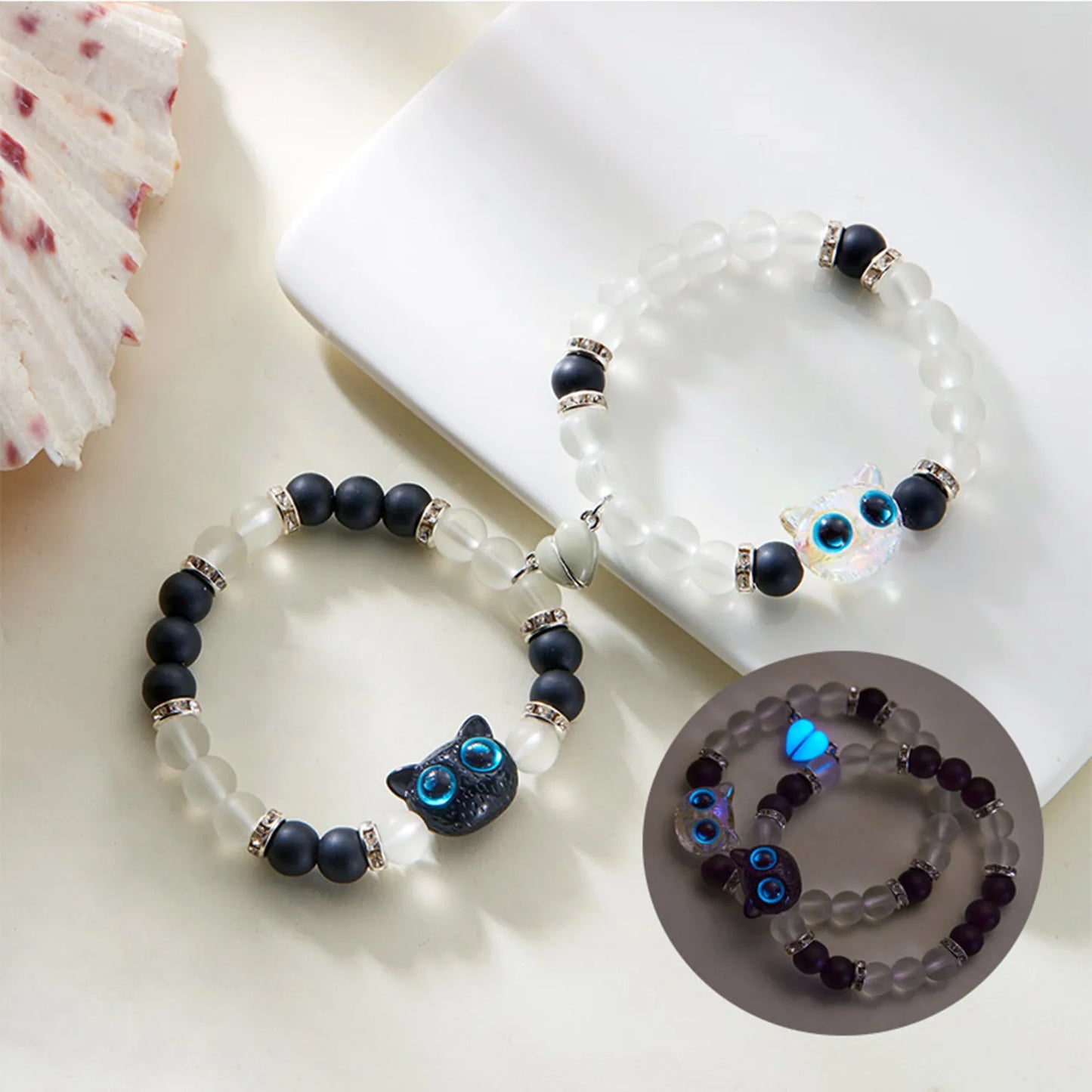 Lot de 2 Bracelets D'amitié Perles - Chat Gros Yeux Phosphoresent - Coeur Aimanté - BFF - Best Friends Forever - Amitié - Couple