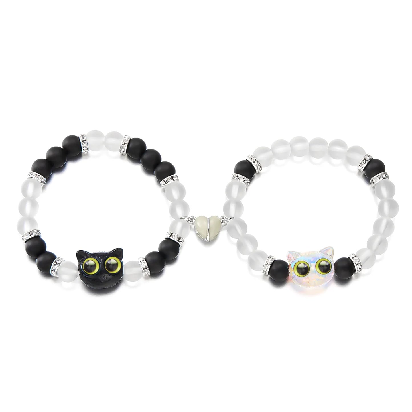 Lot de 2 Bracelets D'amitié Perles - Chat Gros Yeux Phosphoresent - Coeur Aimanté - BFF - Best Friends Forever - Amitié - Couple