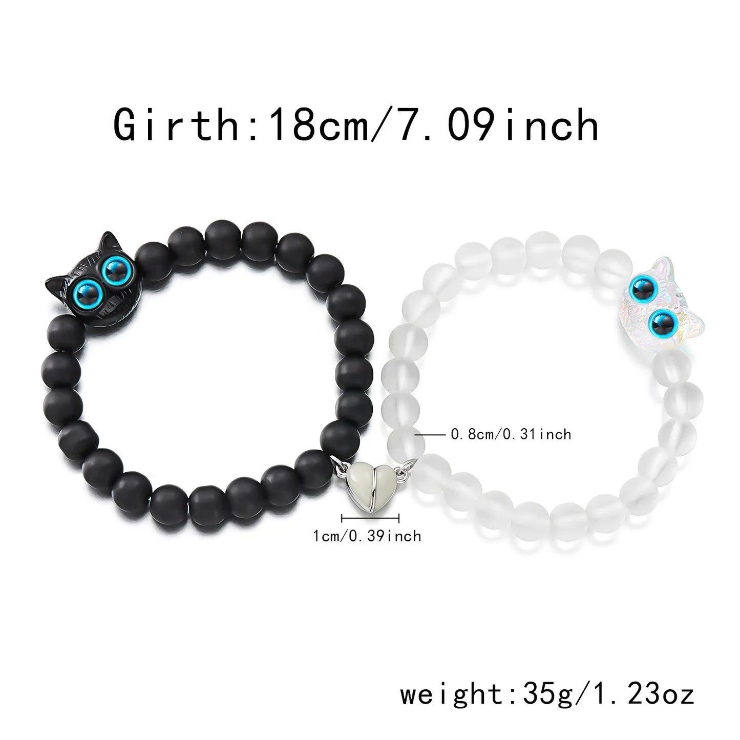 Lot de 2 Bracelets D'amitié Perles - Chat Gros Yeux Phosphoresent - Coeur Aimanté - BFF - Best Friends Forever - Amitié - Couple