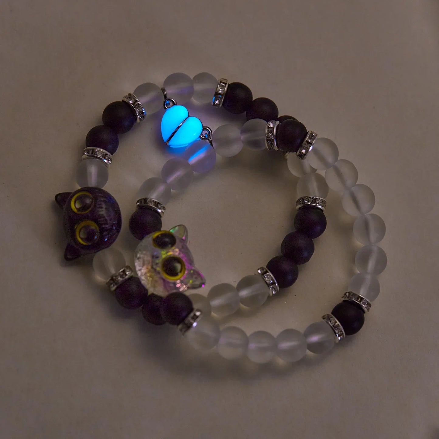 Lot de 2 Bracelets D'amitié Perles - Chat Gros Yeux Phosphoresent - Coeur Aimanté - BFF - Best Friends Forever - Amitié - Couple