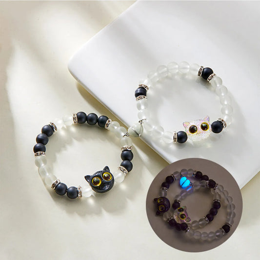 Lot de 2 Bracelets D'amitié Perles - Chat Gros Yeux Phosphoresent - Coeur Aimanté - BFF - Best Friends Forever - Amitié - Couple