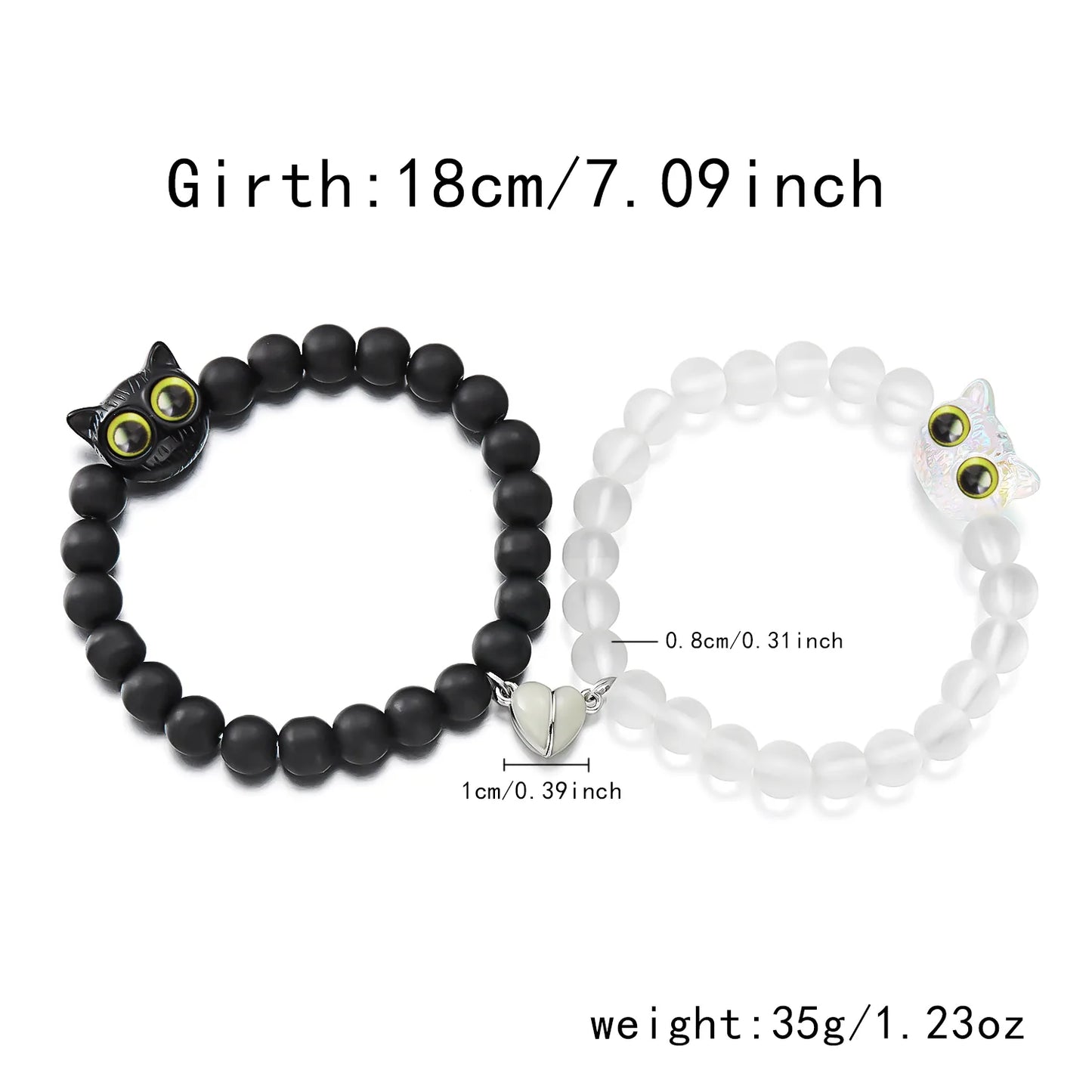 Lot de 2 Bracelets D'amitié Perles - Chat Gros Yeux Phosphoresent - Coeur Aimanté - BFF - Best Friends Forever - Amitié - Couple