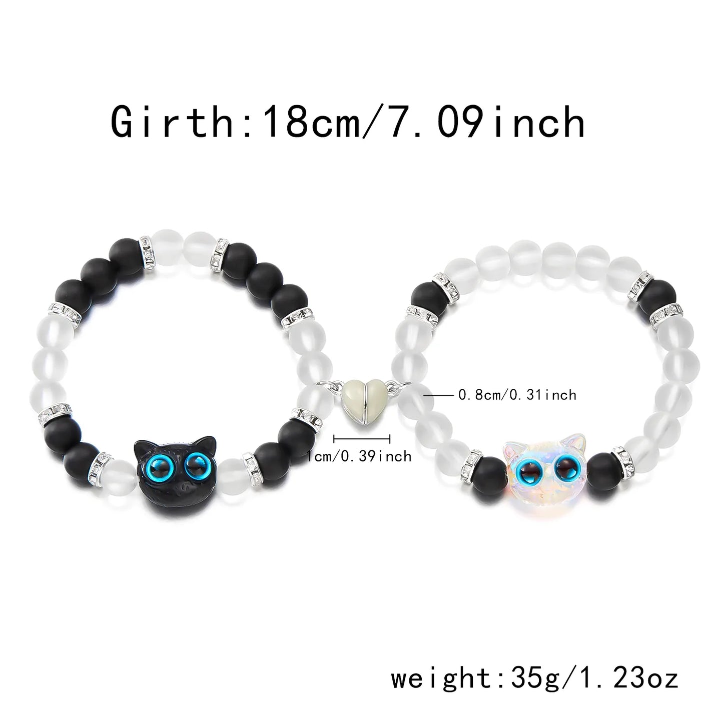 Lot de 2 Bracelets D'amitié Perles - Chat Gros Yeux Phosphoresent - Coeur Aimanté - BFF - Best Friends Forever - Amitié - Couple