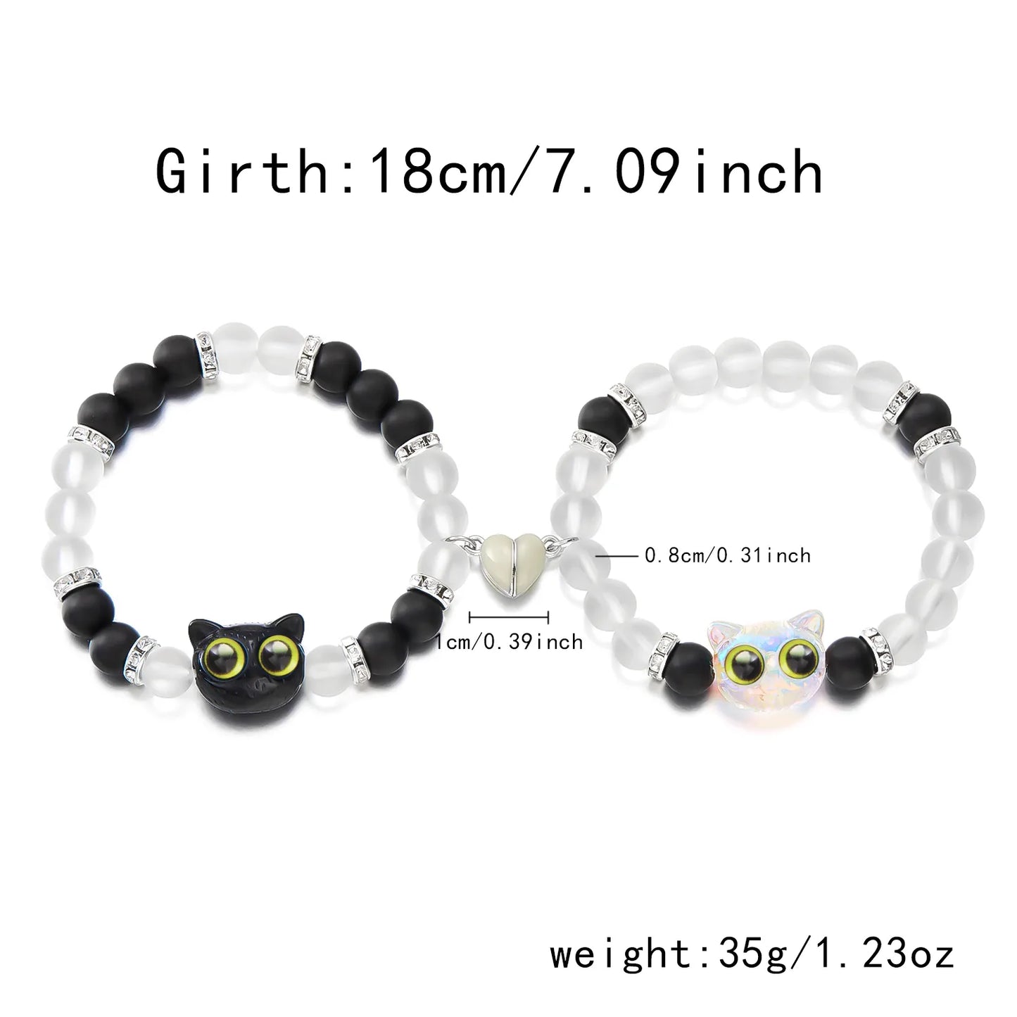 Lot de 2 Bracelets D'amitié Perles - Chat Gros Yeux Phosphoresent - Coeur Aimanté - BFF - Best Friends Forever - Amitié - Couple
