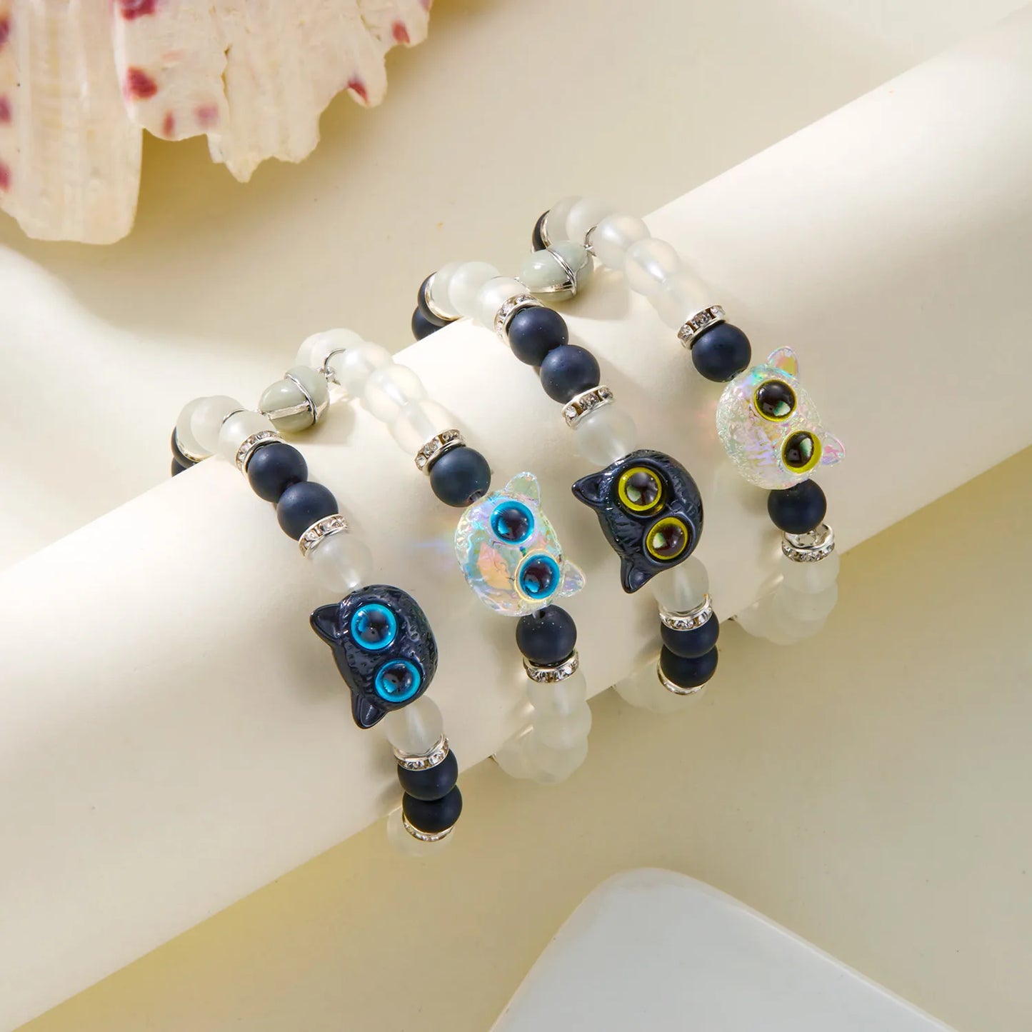 Lot de 2 Bracelets D'amitié Perles - Chat Gros Yeux Phosphoresent - Coeur Aimanté - BFF - Best Friends Forever - Amitié - Couple