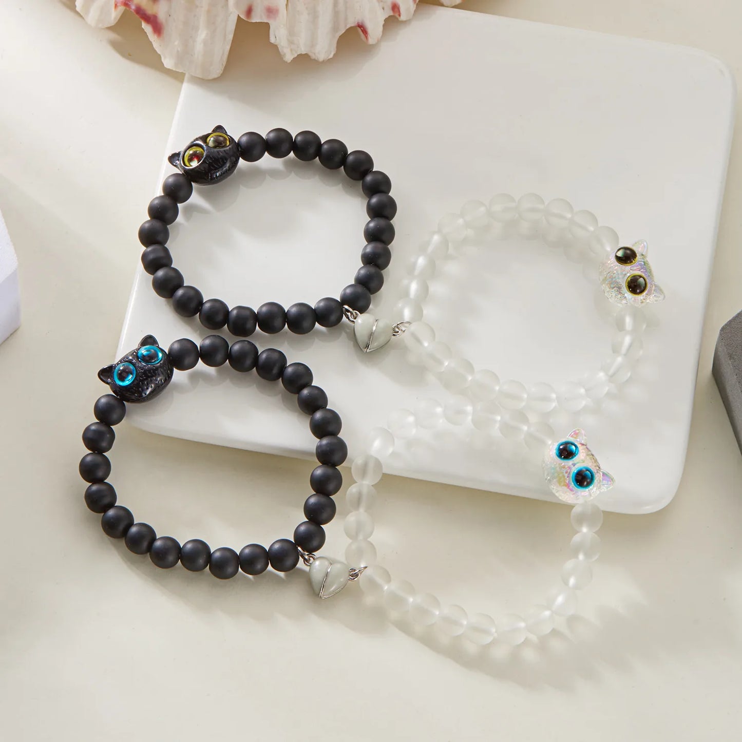 Lot de 2 Bracelets D'amitié Perles - Chat Gros Yeux Phosphoresent - Coeur Aimanté - BFF - Best Friends Forever - Amitié - Couple