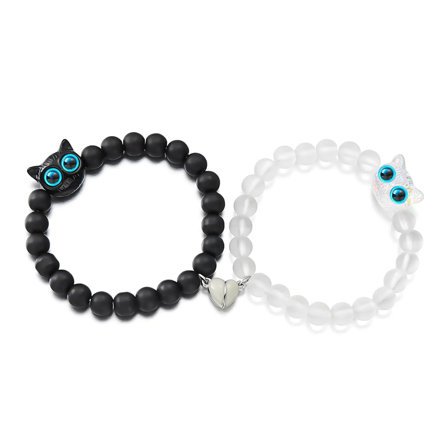 Lot de 2 Bracelets D'amitié Perles - Chat Gros Yeux Phosphoresent - Coeur Aimanté - BFF - Best Friends Forever - Amitié - Couple
