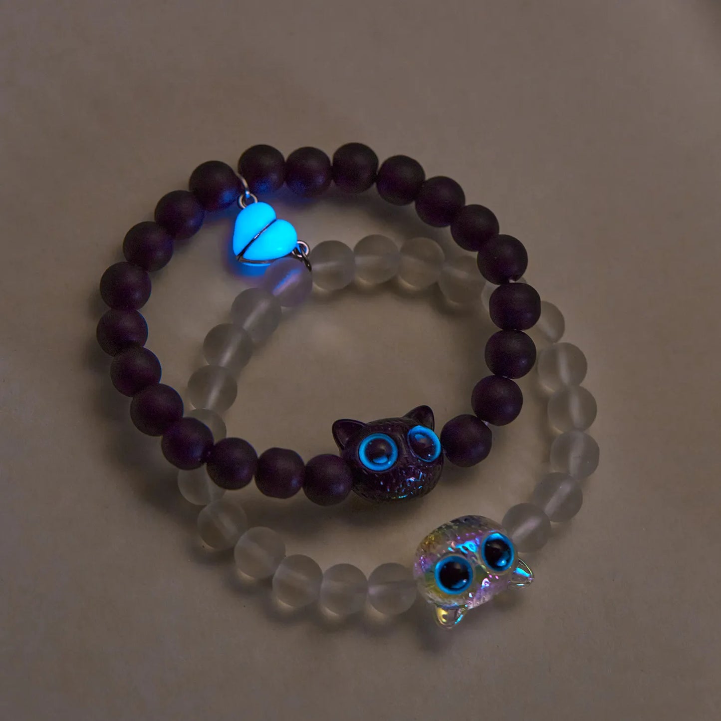 Lot de 2 Bracelets D'amitié Perles - Chat Gros Yeux Phosphoresent - Coeur Aimanté - BFF - Best Friends Forever - Amitié - Couple