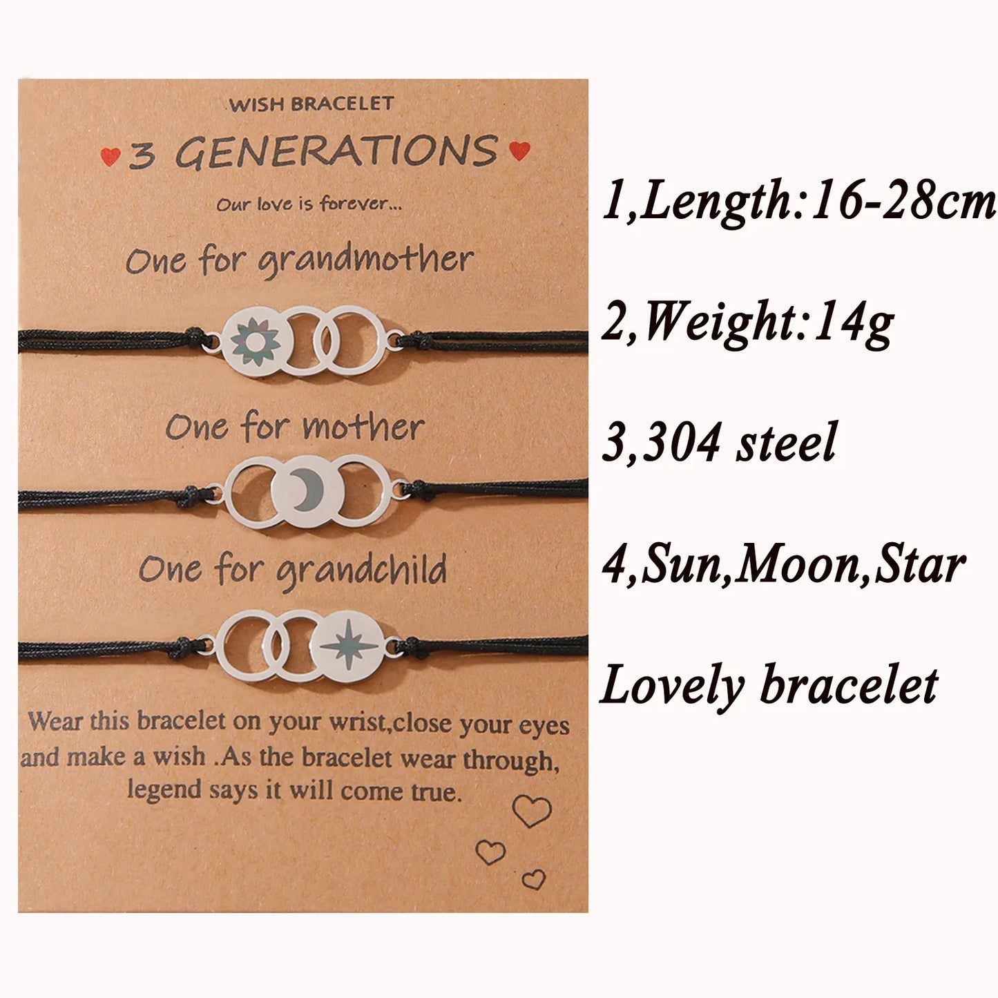 Lot de 3 Bracelets Cordon Réglable avec Carte - Grand-Mère Mère Fille - Famille - Pendentif Soleil Lune Etoile - Acier Inoxydable