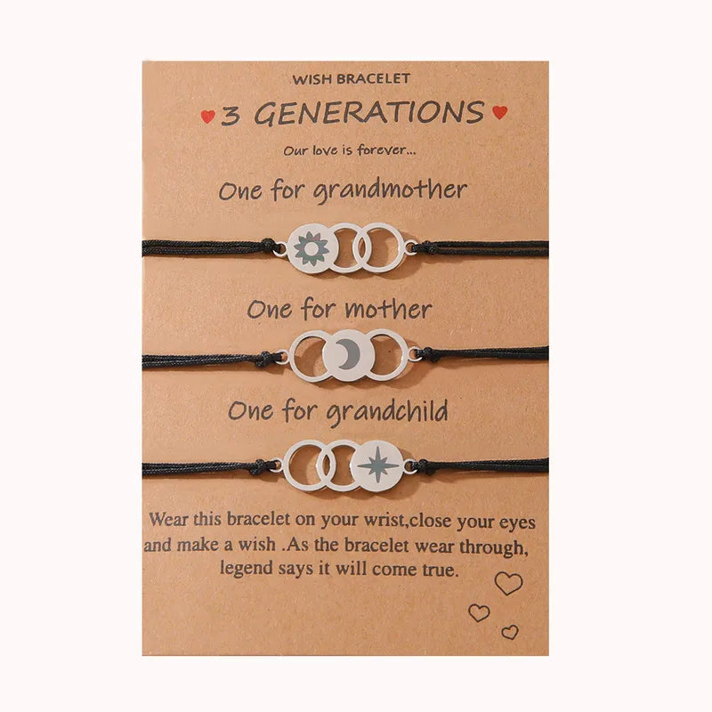 Lot de 3 Bracelets Cordon Réglable avec Carte - Grand-Mère Mère Fille - Famille - Pendentif Soleil Lune Etoile - Acier Inoxydable