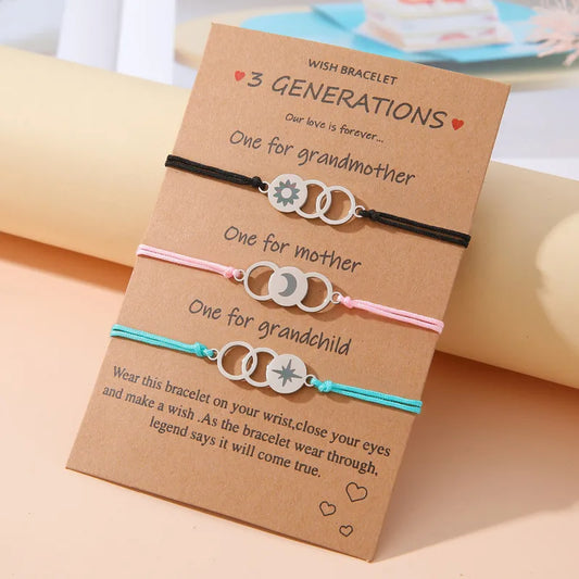Lot de 3 Bracelets Cordon Réglable avec Carte - Grand-Mère Mère Fille - Famille - Pendentif Soleil Lune Etoile - Acier Inoxydable