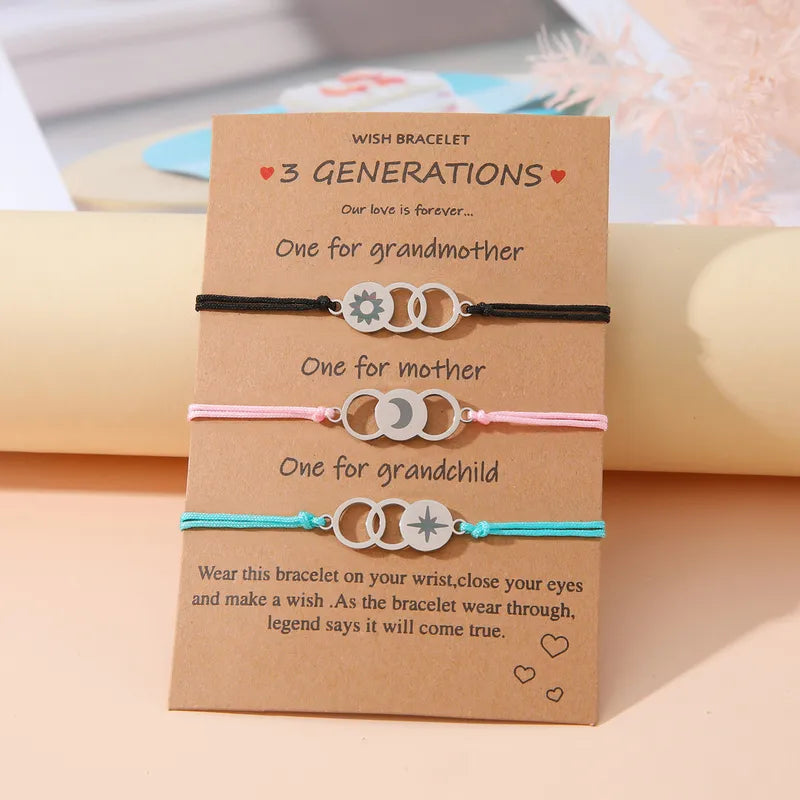 Lot de 3 Bracelets Cordon Réglable avec Carte - Grand-Mère Mère Fille - Famille - Pendentif Soleil Lune Etoile - Acier Inoxydable