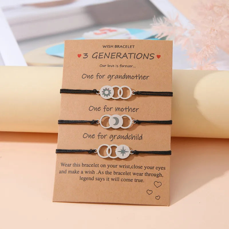 Lot de 3 Bracelets Cordon Réglable avec Carte - Grand-Mère Mère Fille - Famille - Pendentif Soleil Lune Etoile - Acier Inoxydable