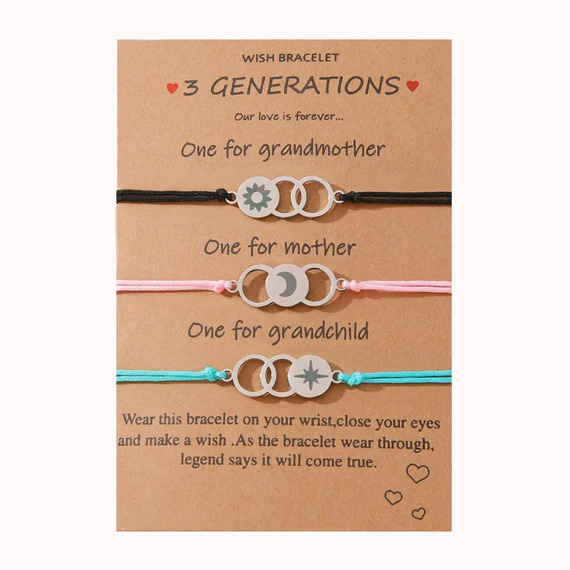 Lot de 3 Bracelets Cordon Réglable avec Carte - Grand-Mère Mère Fille - Famille - Pendentif Soleil Lune Etoile - Acier Inoxydable