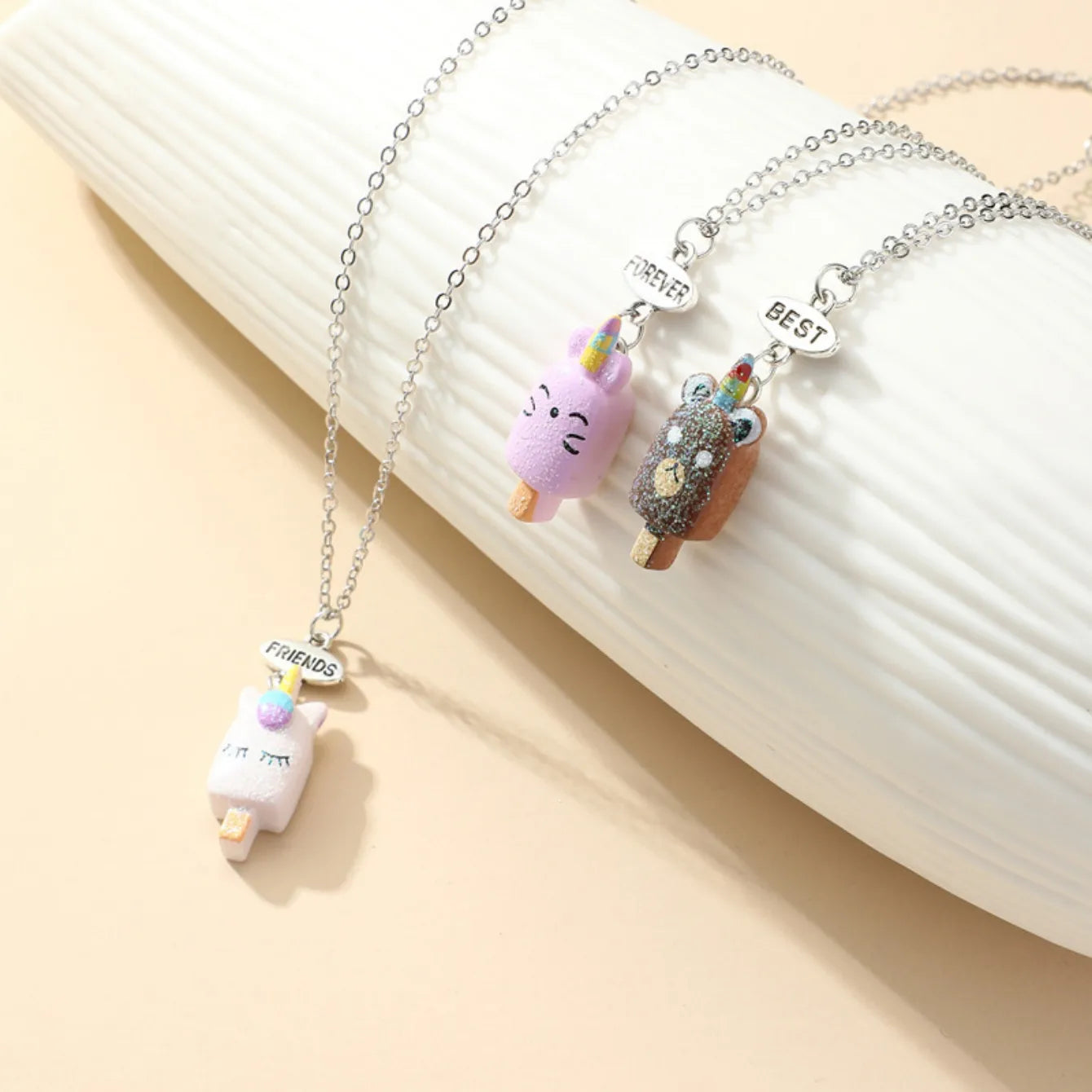 Lot de 3 Colliers D'amitié - Bâtonnet de Glace Licorne Ourson Chat Kawaii  - BFF - Best Friends Forever - Fantaisie - Pendentif Mignon - Amitié