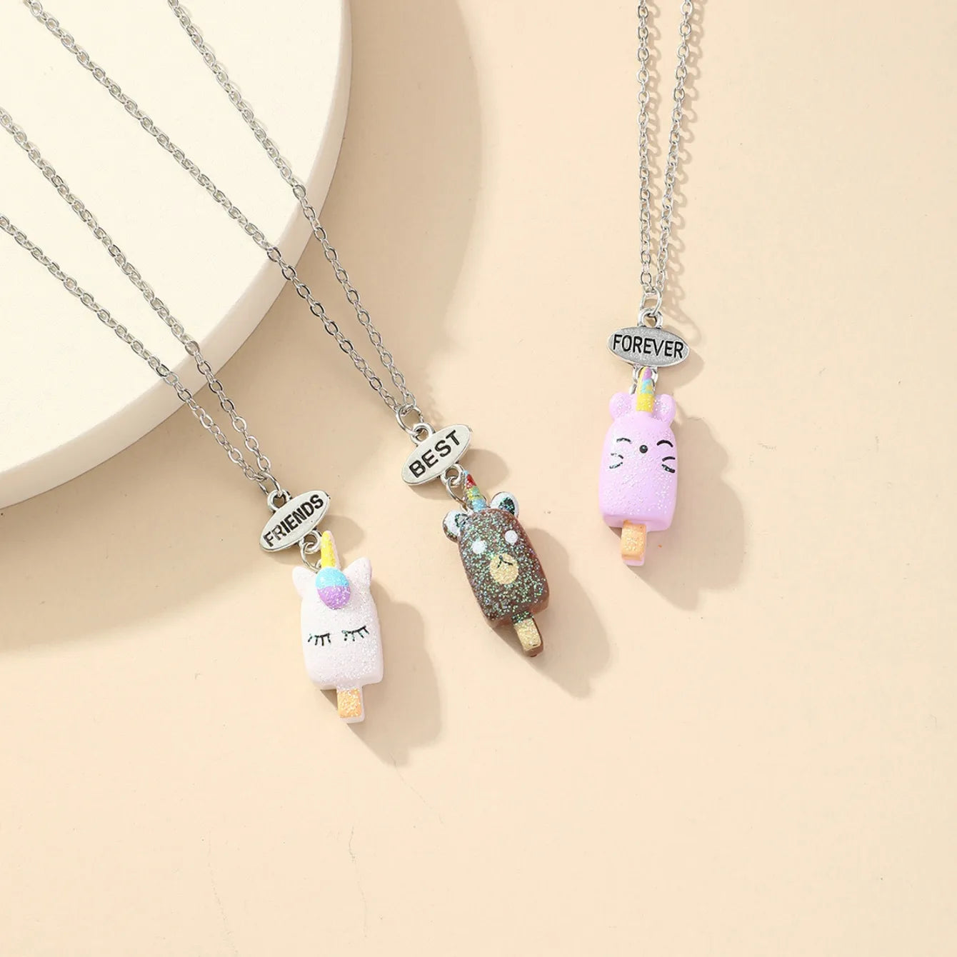Lot de 3 Colliers D'amitié - Bâtonnet de Glace Licorne Ourson Chat Kawaii  - BFF - Best Friends Forever - Fantaisie - Pendentif Mignon - Amitié