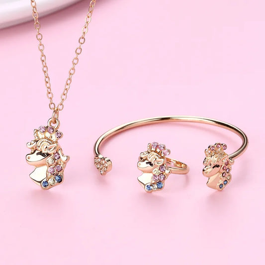 Parure 3 pièces - Collier Bracelet Bague - Licorne - Fantaisie  - Mignon Doré Strass