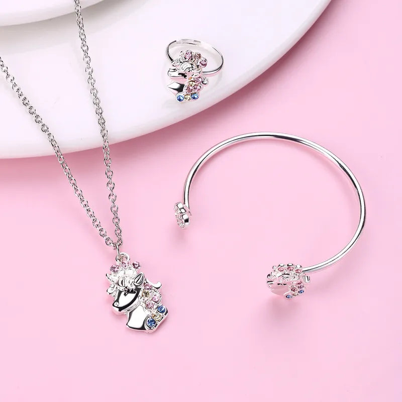 KINDER – 3-teiliges Set Halskette Armband Ring Fantasy Kätzchen Katze – Katzenliebhaber – Niedliche goldene Strasssteine