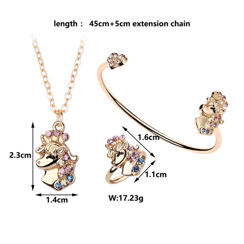 KINDER – 3-teiliges Set Halskette Armband Ring Fantasy Kätzchen Katze – Katzenliebhaber – Niedliche goldene Strasssteine