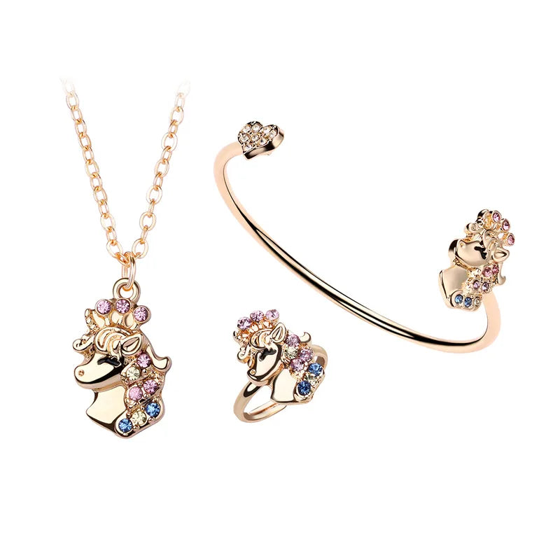 KINDER – 3-teiliges Set Halskette Armband Ring Fantasy Kätzchen Katze – Katzenliebhaber – Niedliche goldene Strasssteine