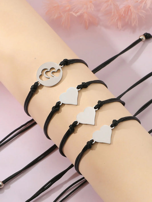 Lot de 4 Bracelets Réglables avec Carte - Cœur Mère Filles - Famille Parents Enfant Maman Fille - Pendentif Coeur - Acier Inoxydable
