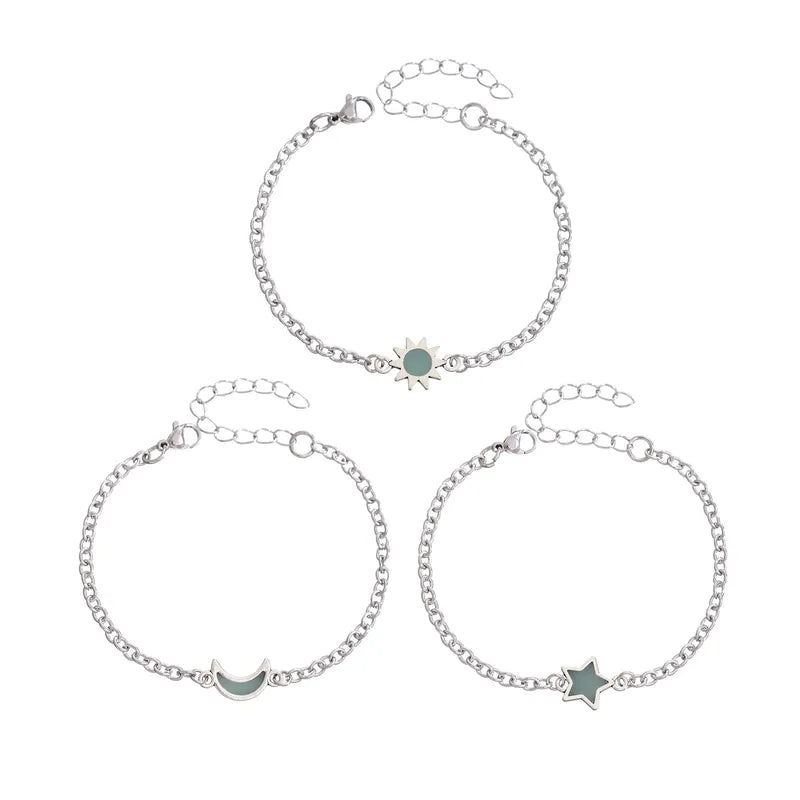 Lot de 3 Bracelets Maillons D'amitié - 3 Lune Soleil Etoile Phosphorescent - BFF - Best Friends Forever - Fantaisie - Mignon - Acier Inoxydable