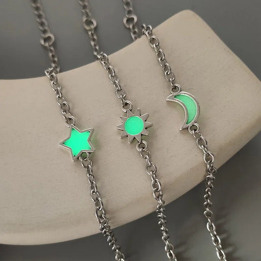 Lot de 3 Bracelets Maillons D'amitié - 3 Lune Soleil Etoile Phosphorescent - BFF - Best Friends Forever - Fantaisie - Mignon - Acier Inoxydable