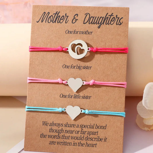 Lot de 3 Bracelets Réglables avec Carte - Cœur Mère Filles - Famille Parents Enfant Maman Fille - Pendentif Coeur - Acier Inoxydable