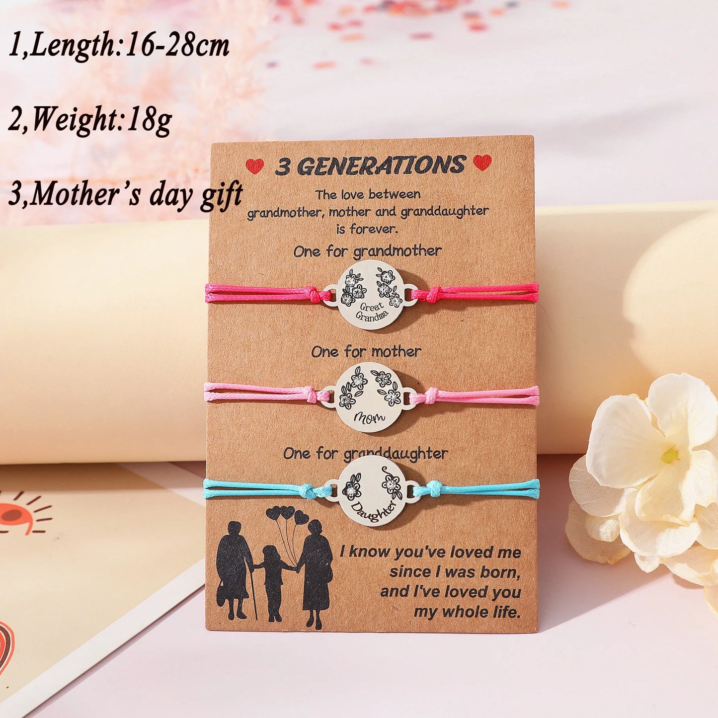 Set mit 3 verstellbaren Kordelarmbändern für Großmutter, Mutter und Tochter – Familie, Eltern, Kind, Mutter und Tochter – Herz-Anhänger – Edelstahl