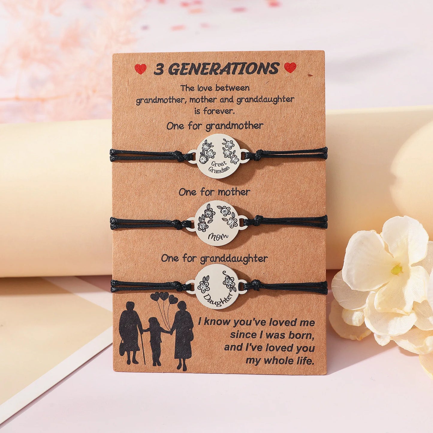 Set mit 3 verstellbaren Kordelarmbändern für Großmutter, Mutter und Tochter – Familie, Eltern, Kind, Mutter und Tochter – Herz-Anhänger – Edelstahl
