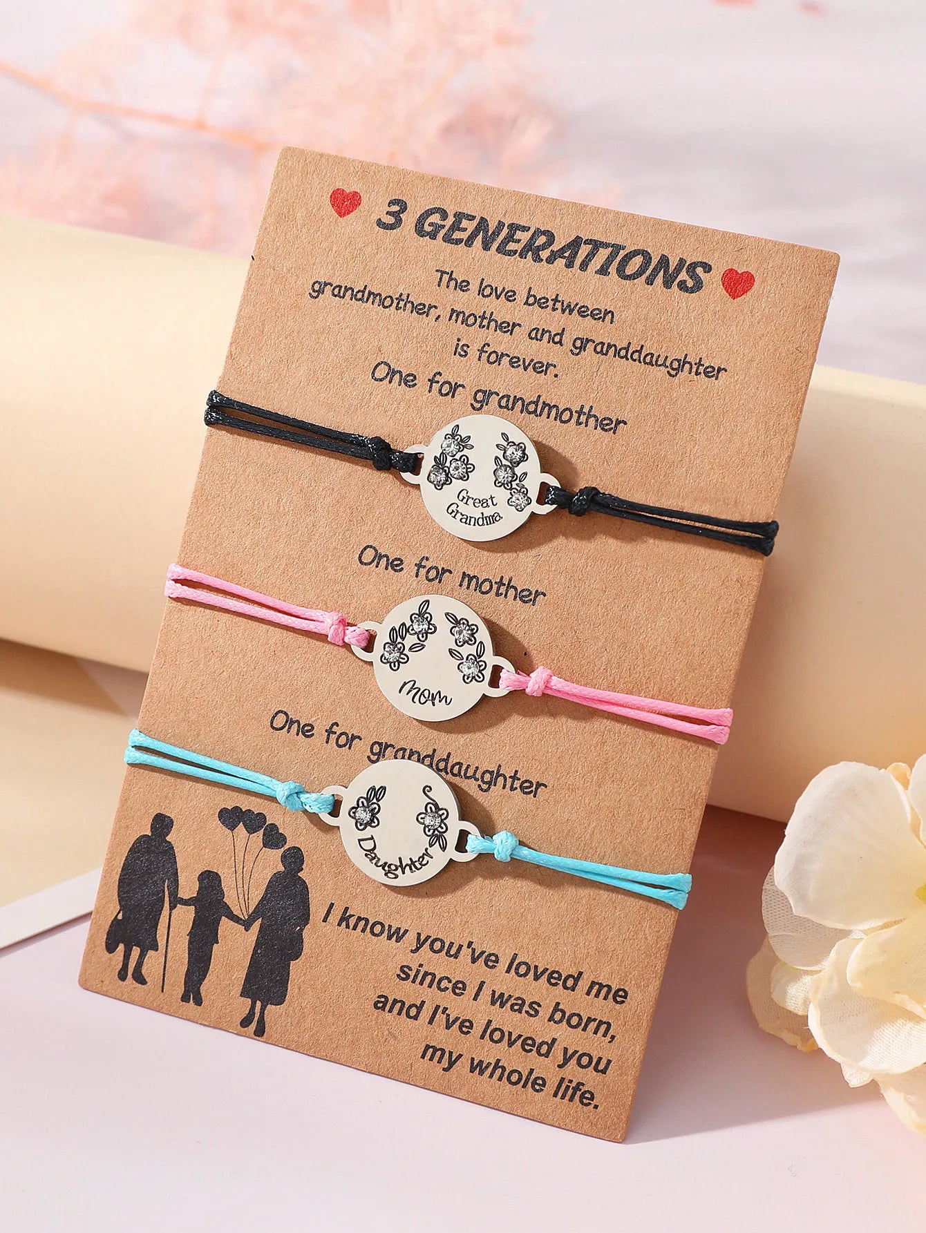 Set mit 3 verstellbaren Kordelarmbändern für Großmutter, Mutter und Tochter – Familie, Eltern, Kind, Mutter und Tochter – Herz-Anhänger – Edelstahl