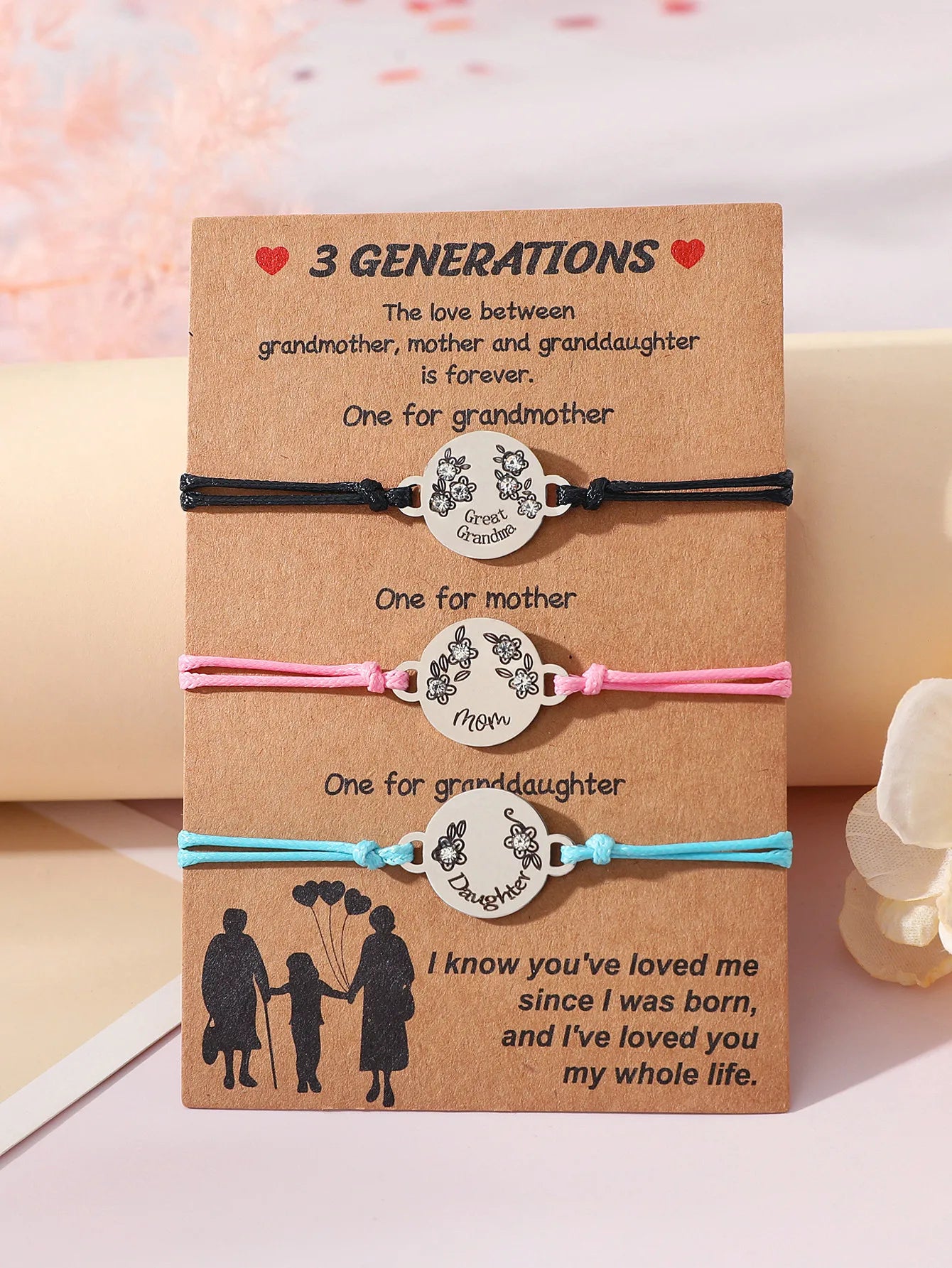 Set mit 3 verstellbaren Kordelarmbändern für Großmutter, Mutter und Tochter – Familie, Eltern, Kind, Mutter und Tochter – Herz-Anhänger – Edelstahl